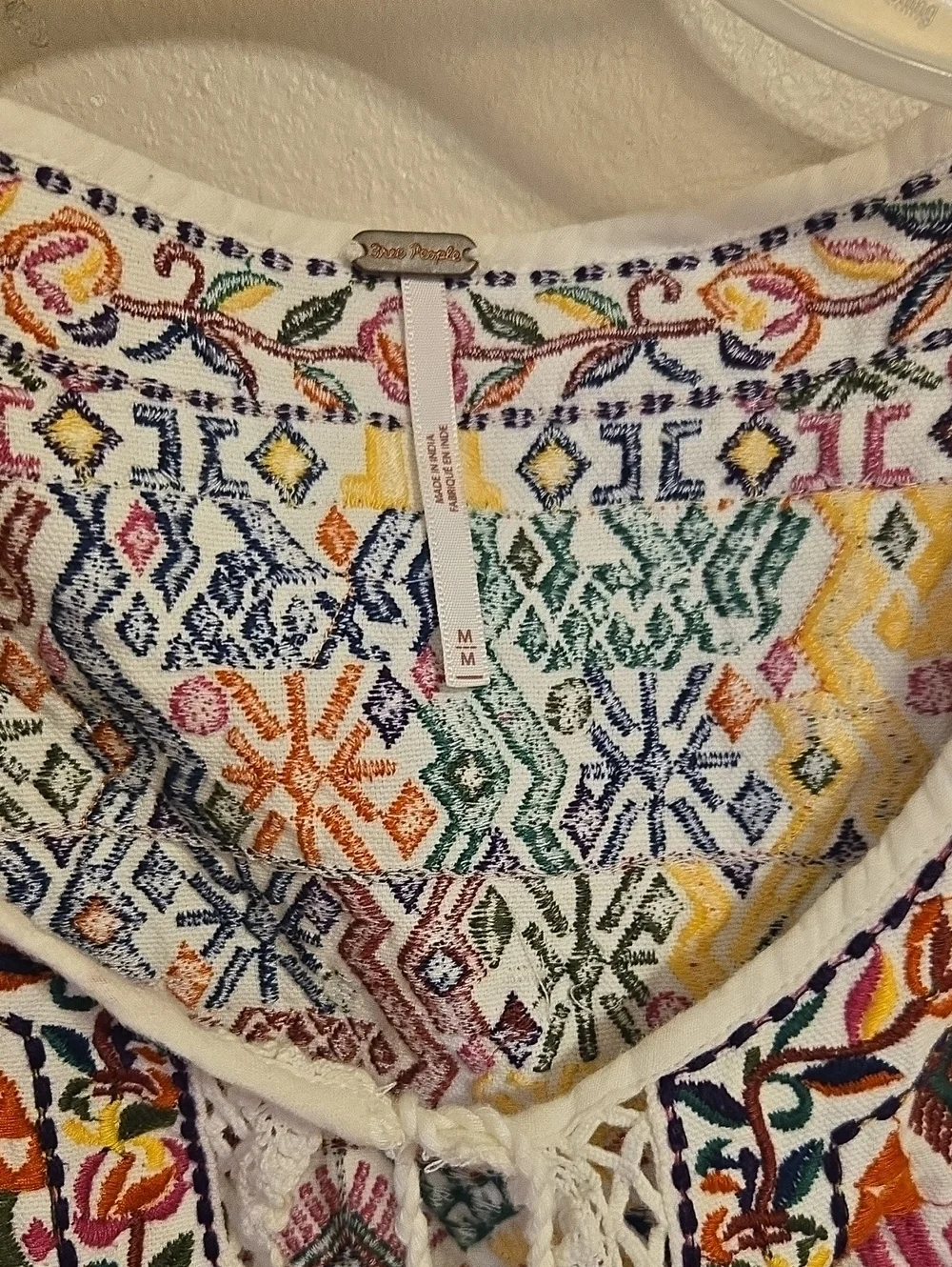 Free People Print Lohri Embroidered White Tie-Front Camisole Top Boho Sz M
